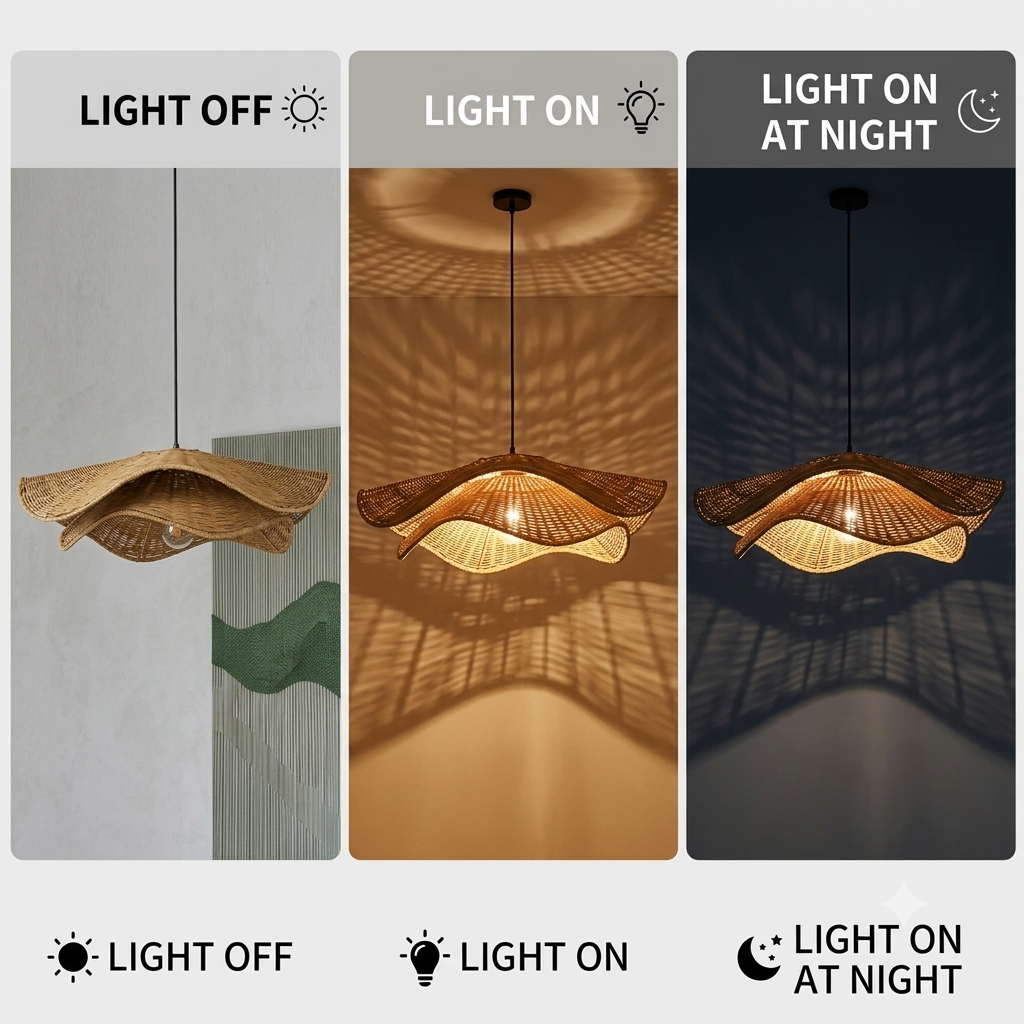 Sophisticated quiet luxury hanging lamp, rattan weave for a cozy home feel, wavy aesthetic.
