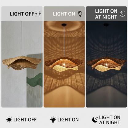 Sophisticated quiet luxury hanging lamp, rattan weave for a cozy home feel, wavy aesthetic.