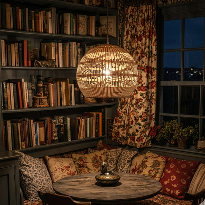 Cozy rattan globe pendant light installed in a living room, creating a warm and grounded ambiance.