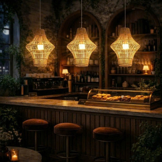 Aesthetic woven rattan pendant light creating a cozy and inviting atmosphere for cafe interiors