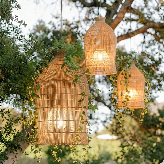 Natural handwoven rattan pendant light creating a magical, cozy glow for garden evening gatherings