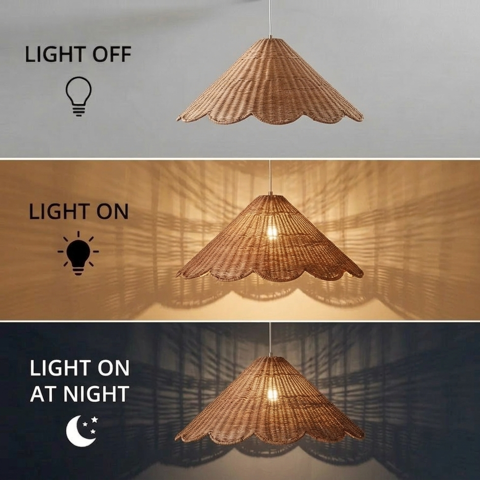 Cozy rattan scalloped pendant light installed in a living room, creating a warm and grounded ambiance.