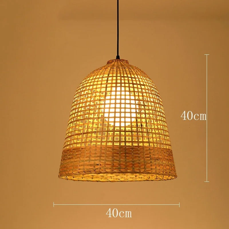 Multi-bulb organic bamboo ceiling light displaying a funnel cone, a shallow saucer, and dome wicker baskets.