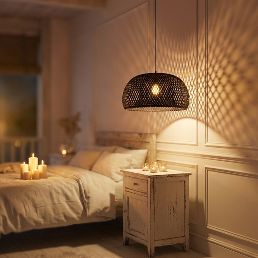 Relaxing bedroom hanging lamp in black woven bamboo for peaceful sleep