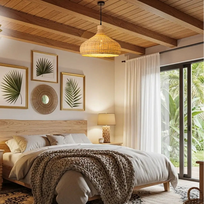 Relaxing woven bamboo ceiling lamp providing soft, diffused lighting for a peaceful bedroom.