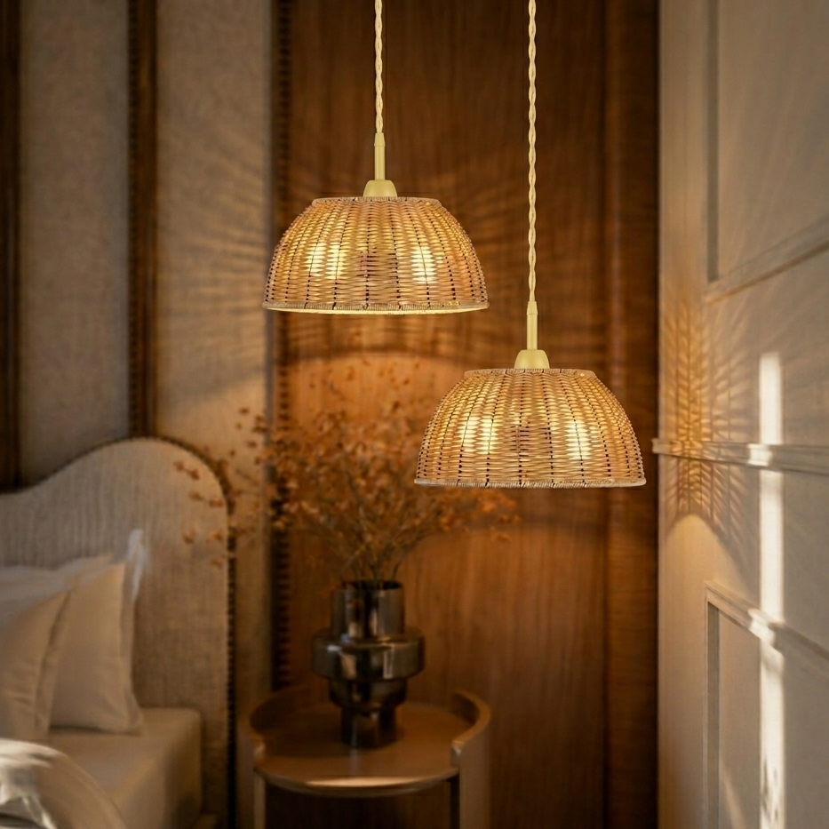 Relaxing woven dome light fixture providing gentle, diffused illumination for a comfortable bedroom.