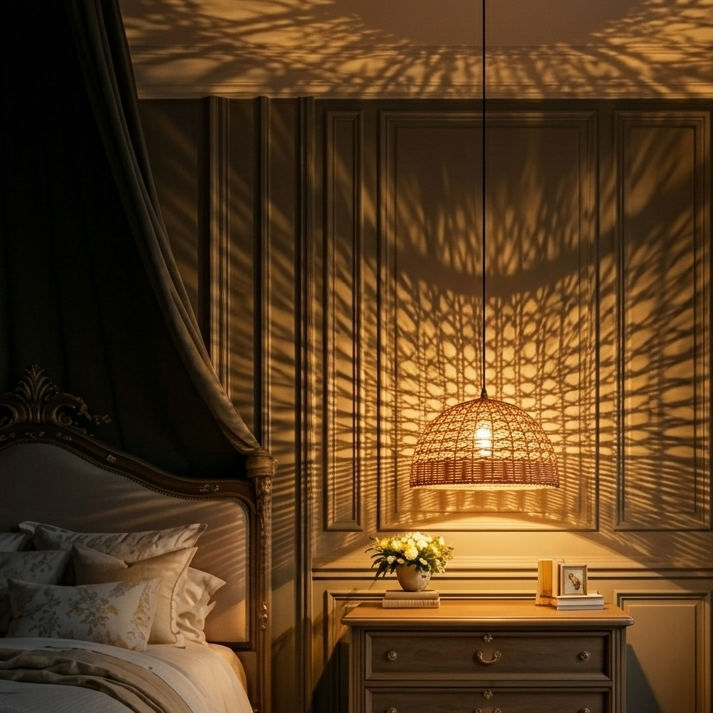 Relaxing woven dome light fixture providing gentle, diffused illumination for a comfortable bedroom.