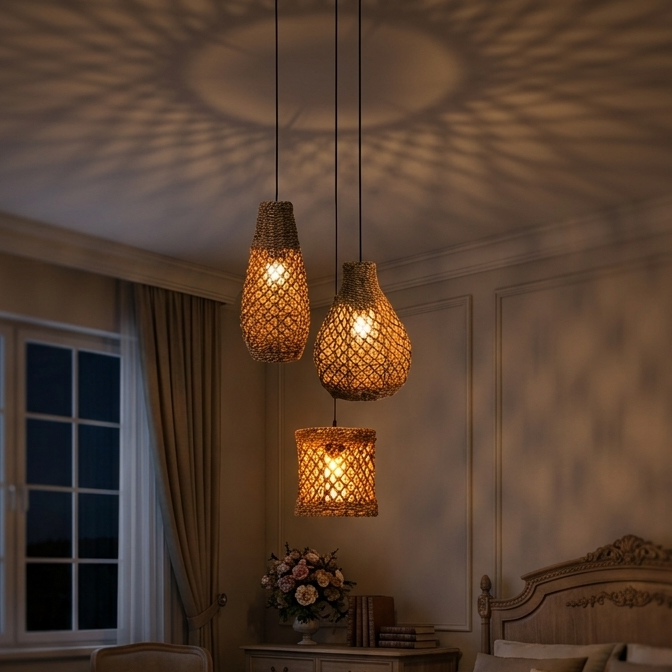 Relaxing woven jute cluster fixture providing gentle, diffused illumination for a comfortable bedroom.