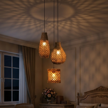 Relaxing woven jute cluster fixture providing gentle, diffused illumination for a comfortable bedroom.