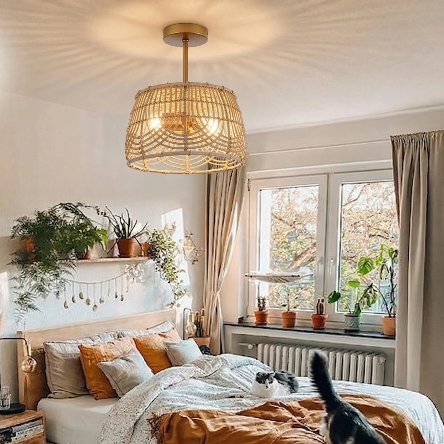 Relaxing woven rattan light fixture providing soft, diffused lighting for restful bedroom environments.