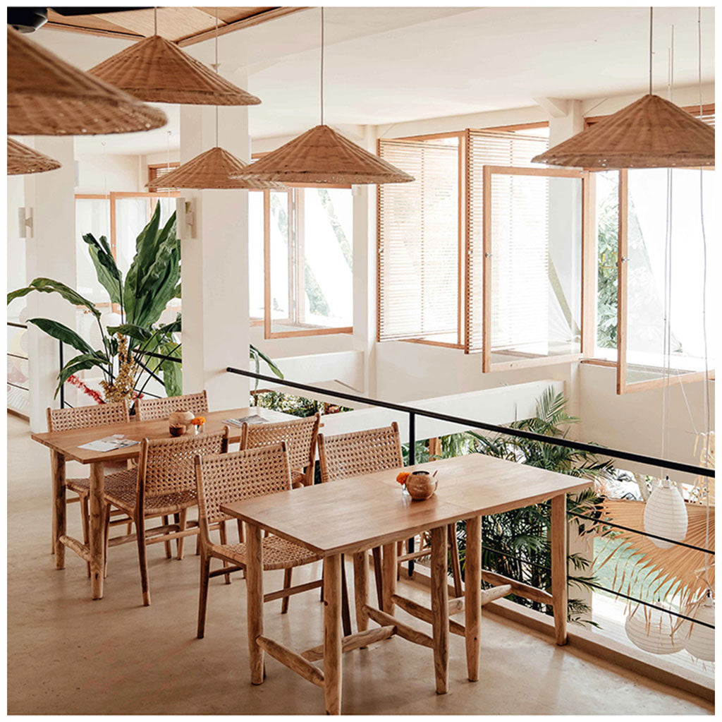 remium bamboo funnel shade bringing an upscale, eco-resort and earthy luxury feel to a high-end restaurant or boutique hotel lounge.