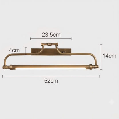 A wall-mounted linear light fixture in a warm brass or bronze finish, shown with dimension callouts indicating 52 cm width, 14 cm height, 23.5 cm top span, 4 cm side offset, and 10 cm tube length on a light gray background.