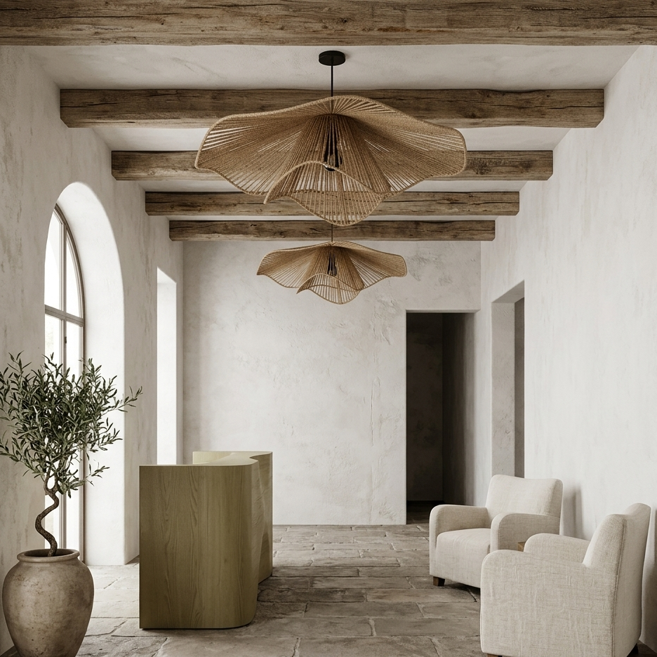 Rustic boho hemp hanging lamp, a trendy design piece for an eclectic and warm home interior.