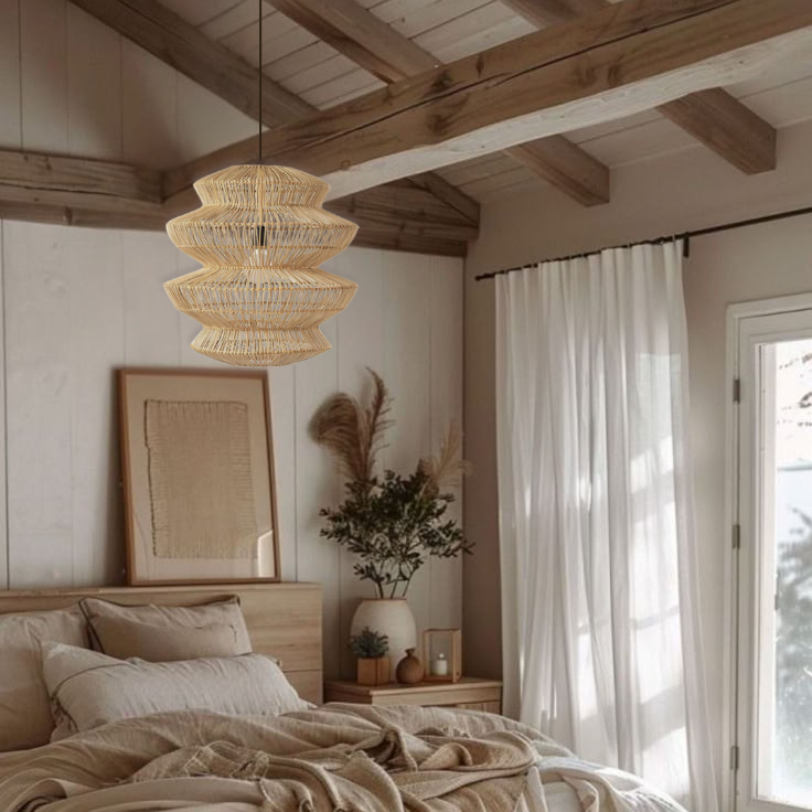 Rustic farmhouse style tiered woven pendant lamp for bedroom decor