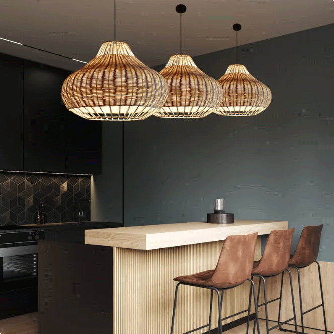  Natural fiber weave rattan dome pendant shade styled in a cozy Scandinavian-inspired kitchen.