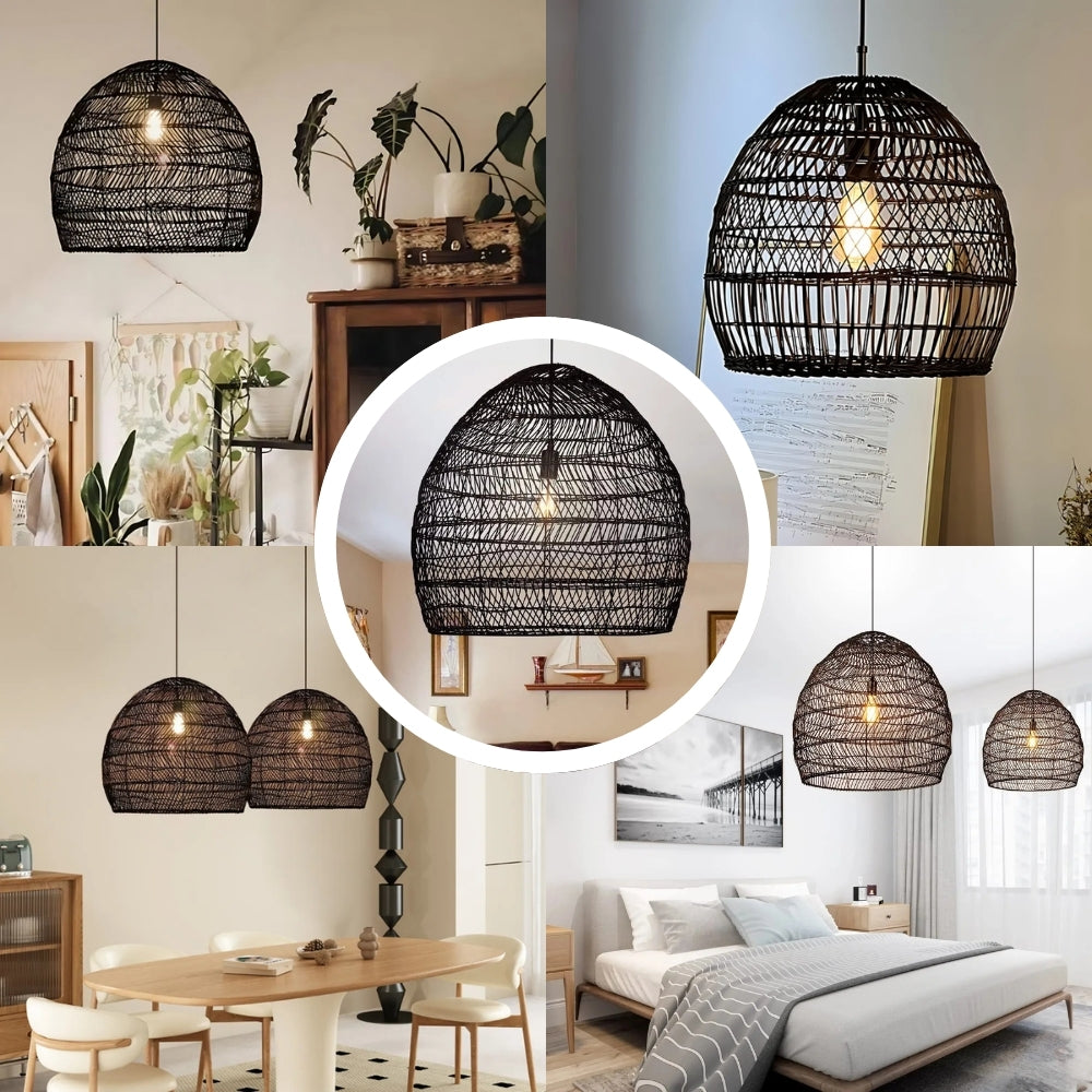 Rustic Wabi-Sabi woven pendant lamp for earthy minimalist interior design