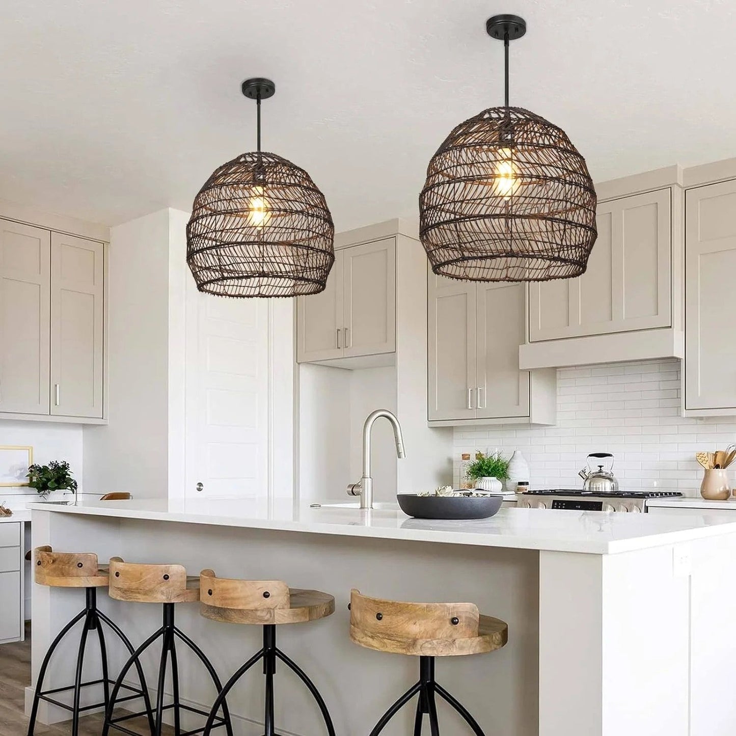 Rustic Wabi-Sabi woven pendant for functional kitchen island lighting