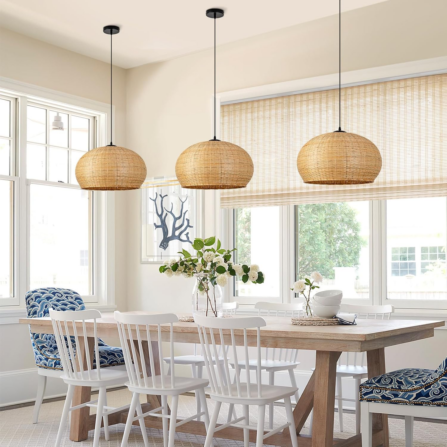 Rustic wicker ceiling pendant light adding a farmhouse touch to dining areas