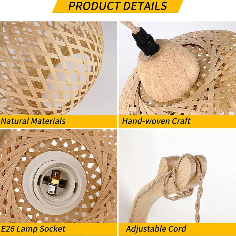 Woven lampshade with E26 lamp socket and adjustable cord on a white background