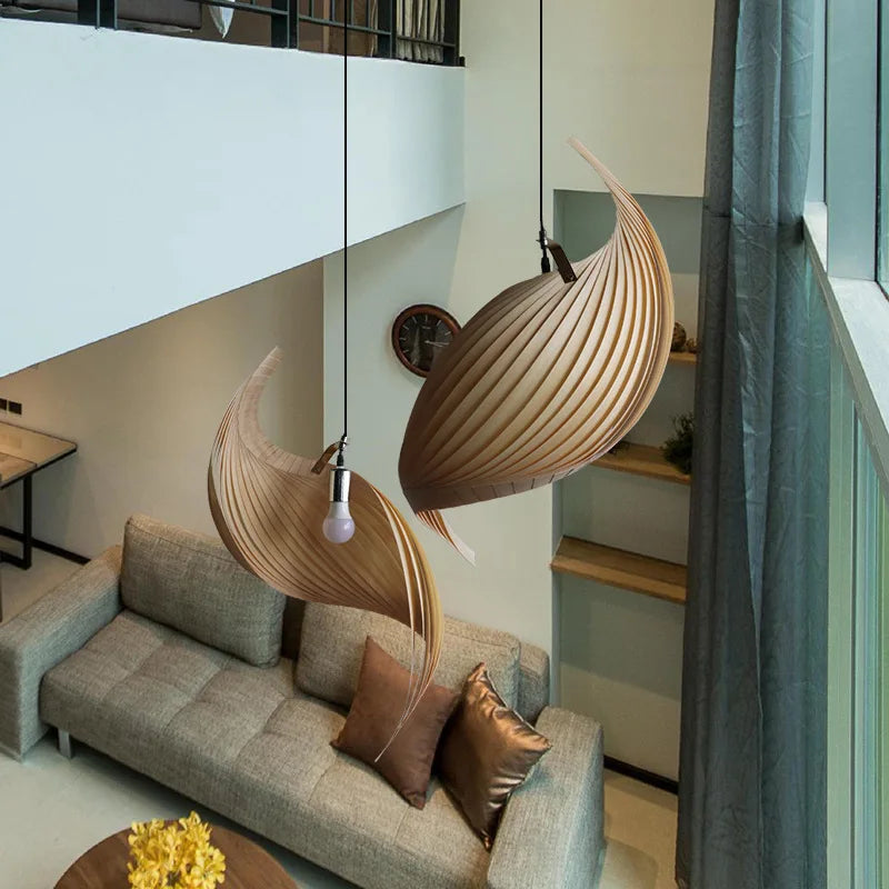 Sculptural Spiral Wood Chandelier - Artistic Nautilus Wooden Hanging Lamp