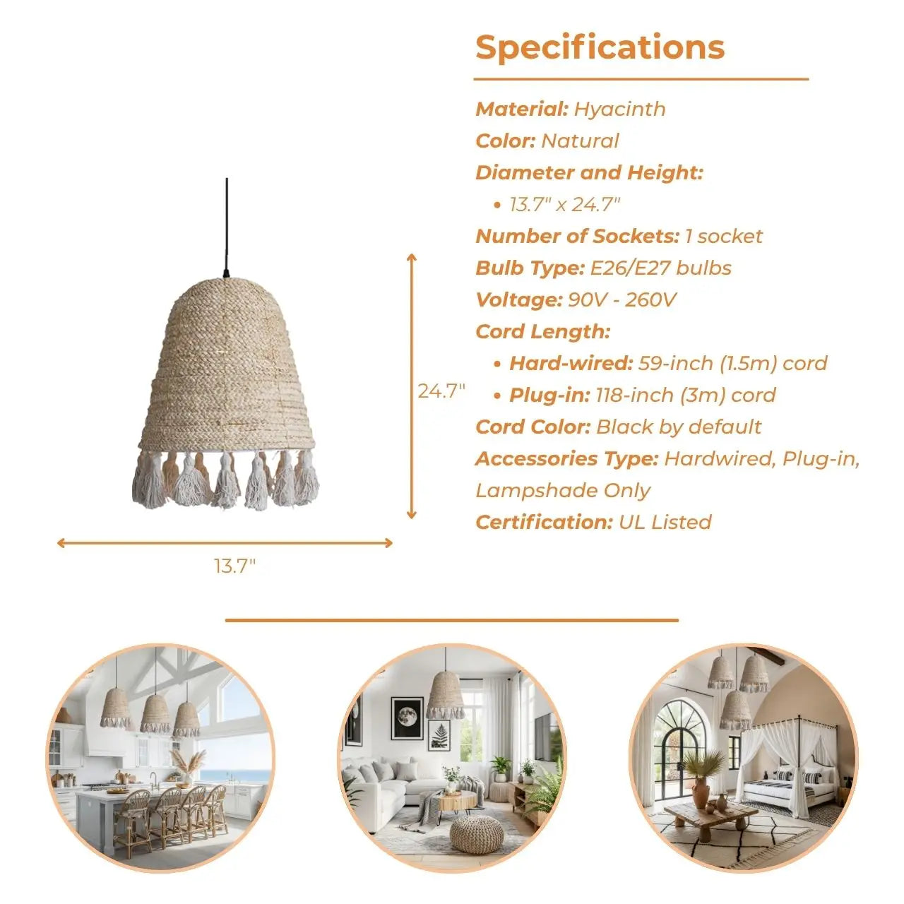 Scandi-boho style hyacinth tassel pendant light showcasing a balanced, airy Nordic design.
