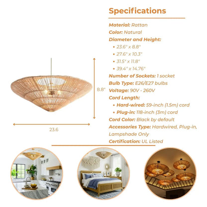 Scandi-boho style rattan plate pendant light showcasing a balanced Nordic design.