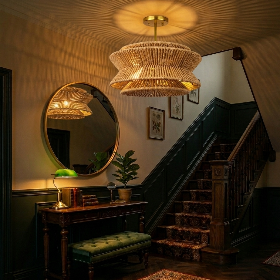 A Scandinavia sculptural, 2-tier hemp ceiling light providing elegant and safe illumination for a modern staircase area.