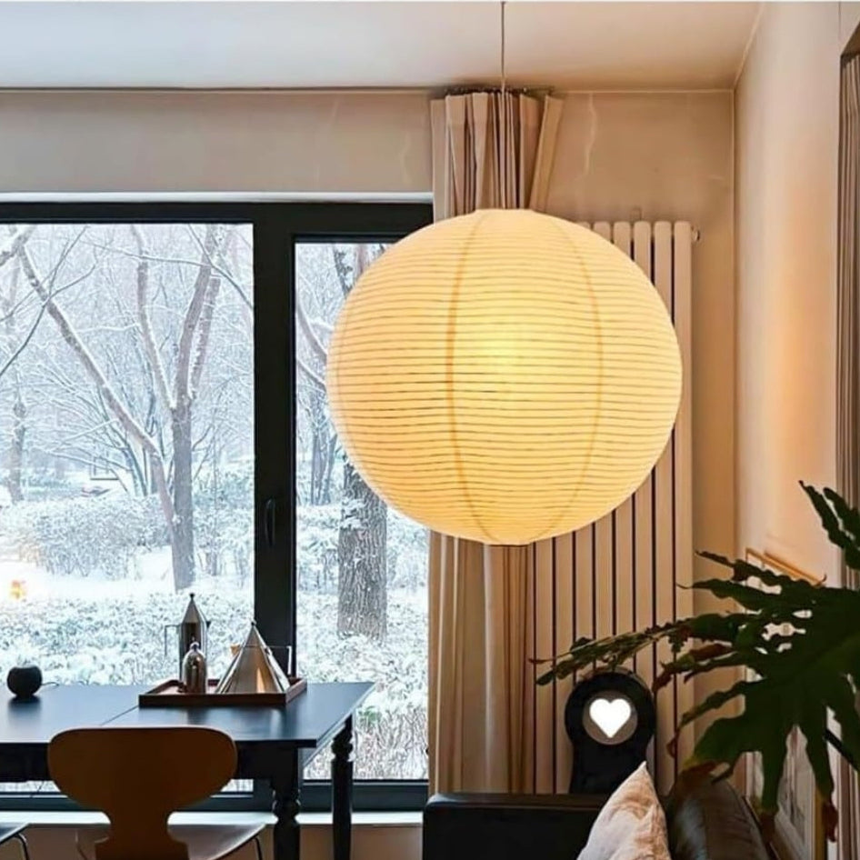 Scandinavian design white paper hanging lamp, clean aesthetic