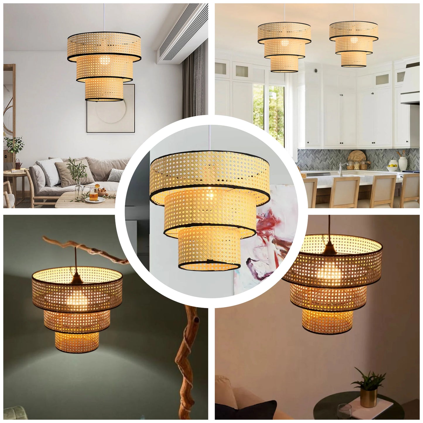 Minimalist Scandi-inspired rattan chandelier for a soft, warm light.