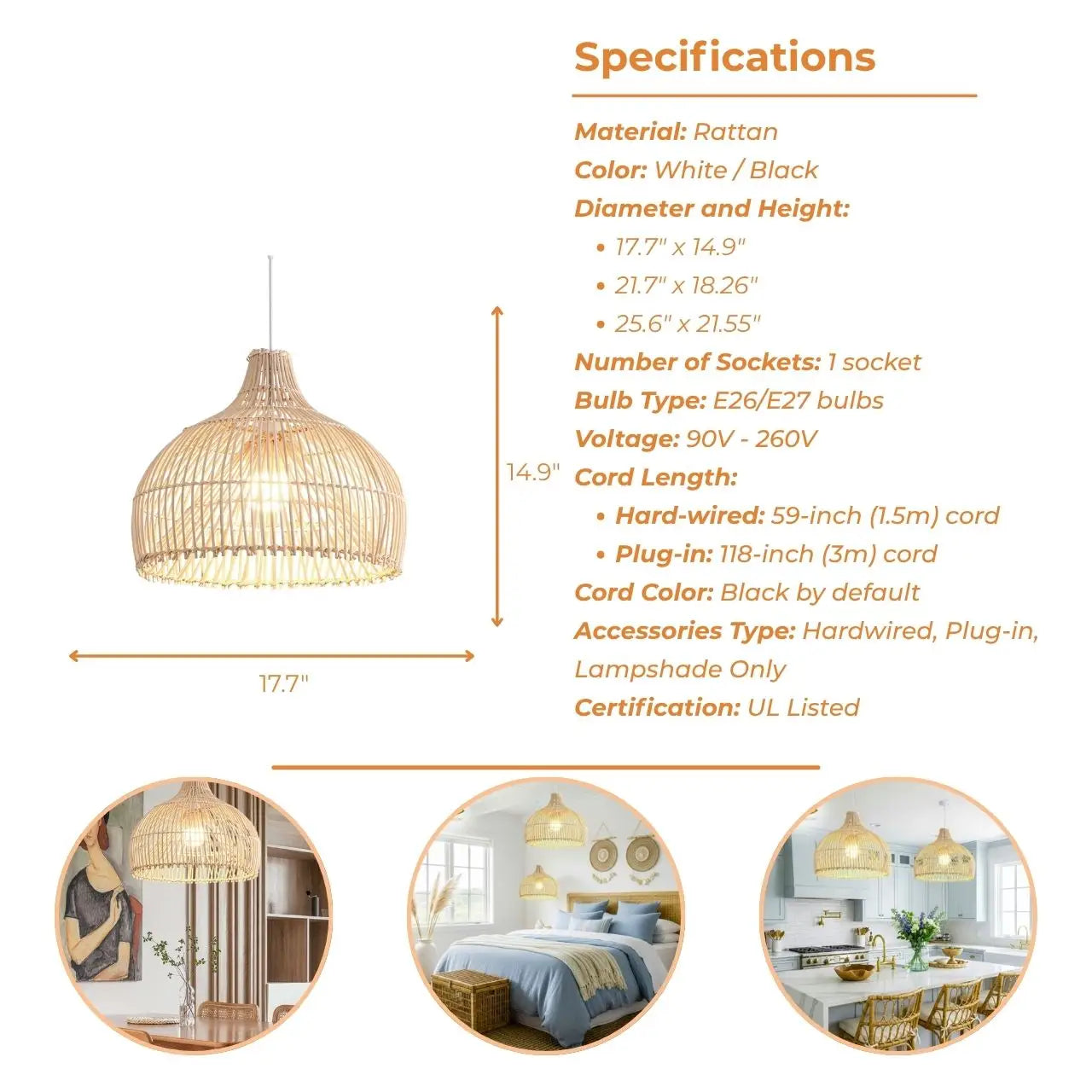 Scandinavian style pendant shade made with light, natural woven rattan materials.