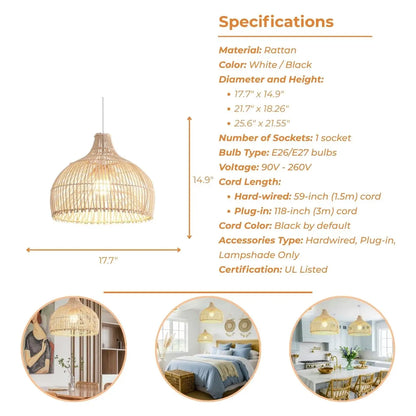 Scandinavian style pendant shade made with light, natural woven rattan materials.