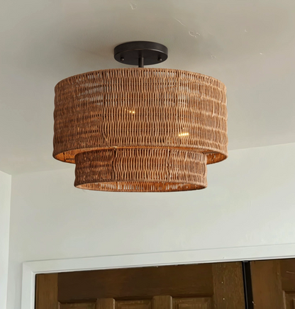 Scandinavian style rattan layered flush mount light reflecting simple and functional Nordic design.