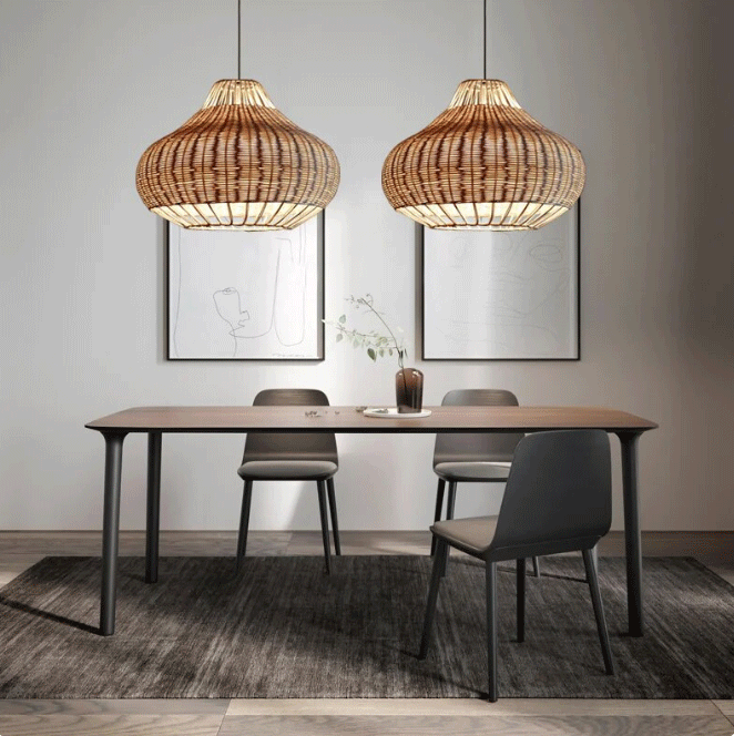  Scandinavian wicker pendant light fixture organizing a warm ambience in a minimalist kitchen.
