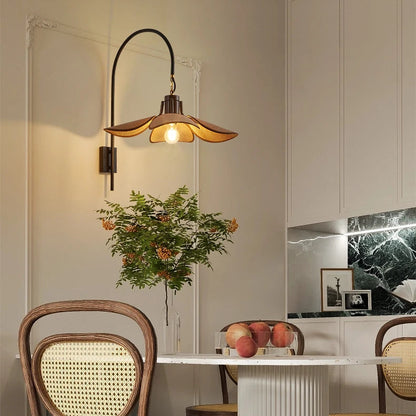 Scandinavian wabi-sabi hanging wood and fabric light for a minimalist kitchen