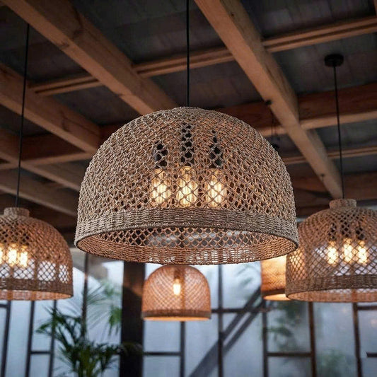 Scandinavian style pendant shade made with natural woven jute materials.