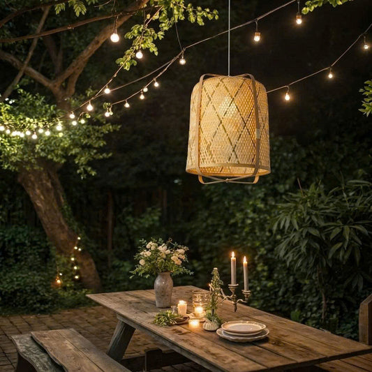 Outdoor garden patio lighting, bamboo pendant lamp for scenic home relaxation, cylinder shape.