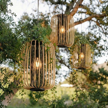 Outdoor garden patio lighting, bamboo pendant lamp for scenic home relaxation.