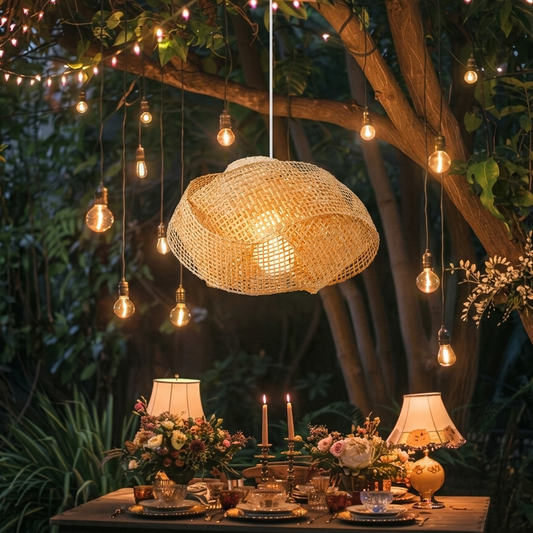 Outdoor garden patio lighting, bamboo pendant lamp for scenic home relaxation, sculptural shape.