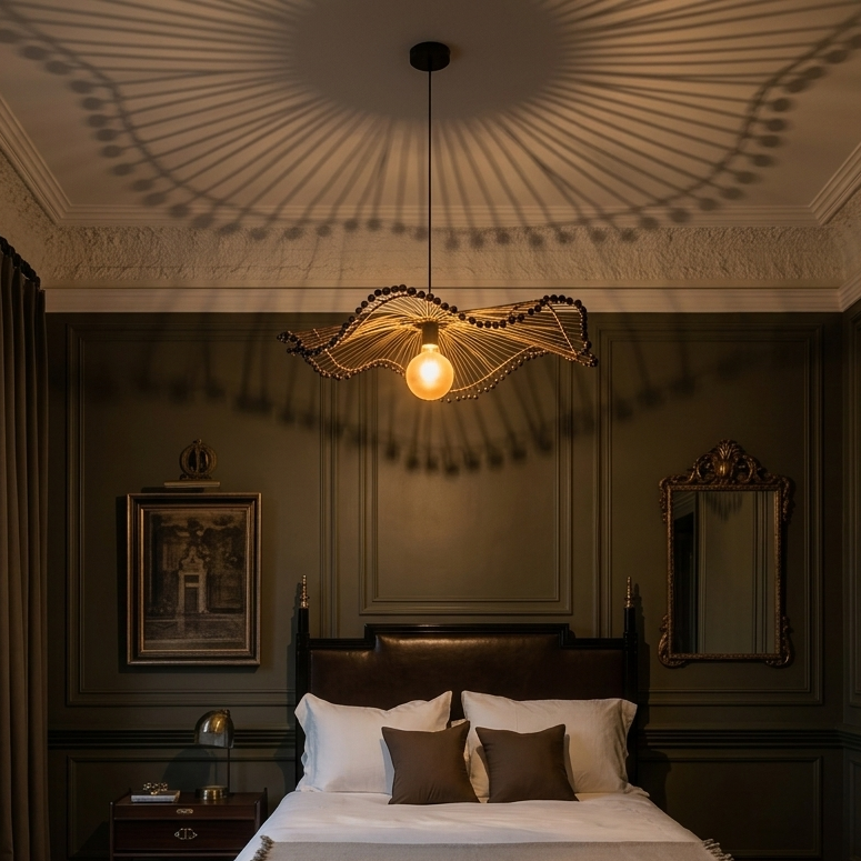 Artistic sculptural pendant lamp, ideal ambient light for a serene bedroom.