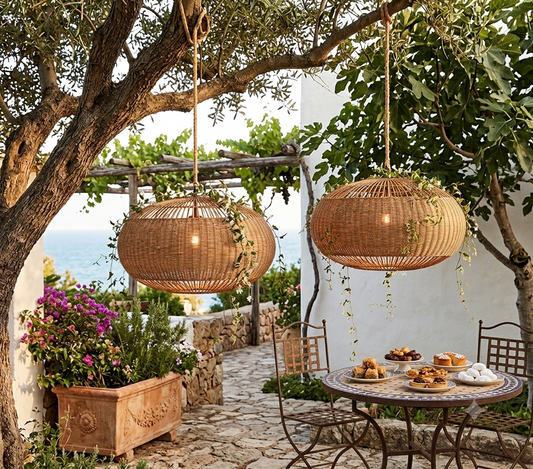 Outdoor garden patio lighting, rattan pendant lamp for scenic home relaxation.