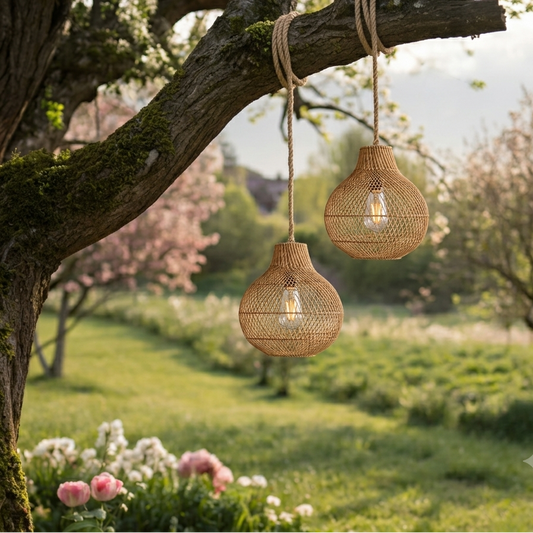 Outdoor garden patio lighting, rattan pendant lamp cluster for scenic home relaxation.