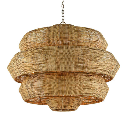 Sculptural rounded rattan chandelier showing tight horizontal supporting rings wrapping around dense vertical reed grids.