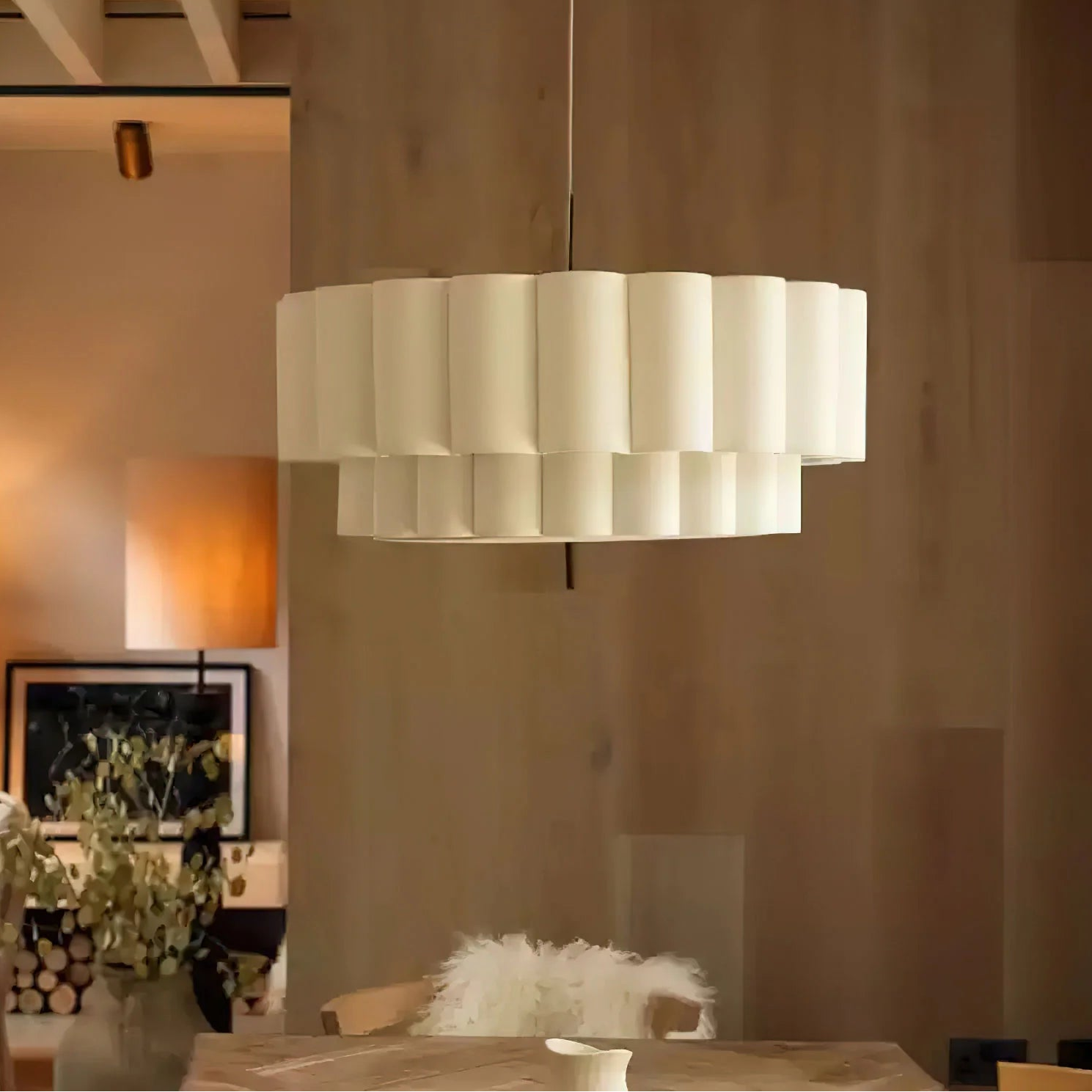 Sculptural lighting in modern fabric style, ideal for restaurant decor, providing a warm, inviting atmosphere.
