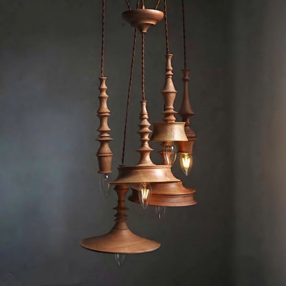 Sculptural lighting in quiet luxury style, crafted from premium turned wood, ideal for a cozy home, offering refined mood lighting.