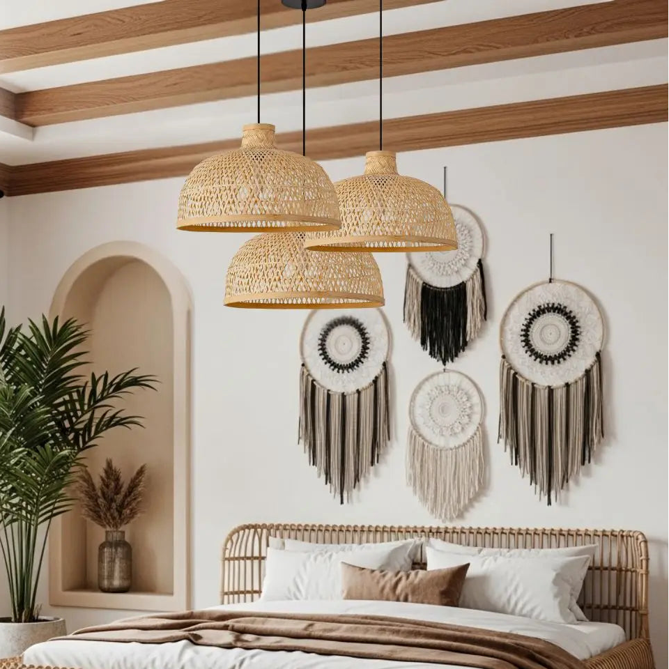 A serene bamboo pendant lamp creating a peaceful, cozy ambiance in a master bedroom.