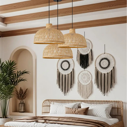 A serene bamboo pendant lamp creating a peaceful, cozy ambiance in a master bedroom.