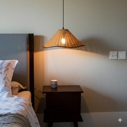 Soft glow rattan pendant light for a calm master bedroom aesthetic