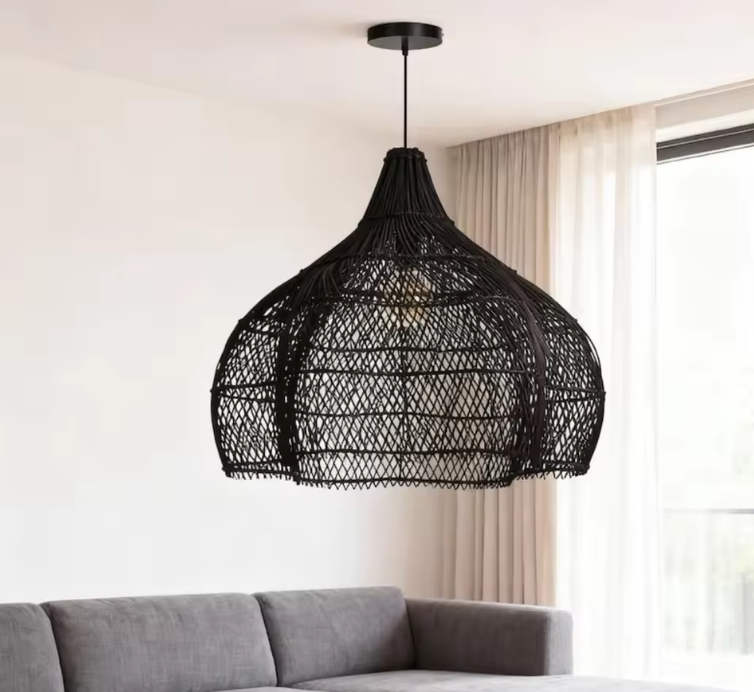 Modern Nordic bamboo ceiling fixture acting as an eye-catching focal point in a high-ceiling living room filled with natural wood elements.