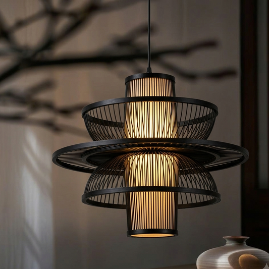 Sustainable bamboo spoke cage hanging lamp crafted from premium renewable materials