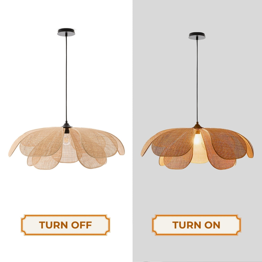 Sustainable earthy tan floating lamp shade emphasizing its ultra-light, translucent mesh weave that eliminates harsh bulb glare.